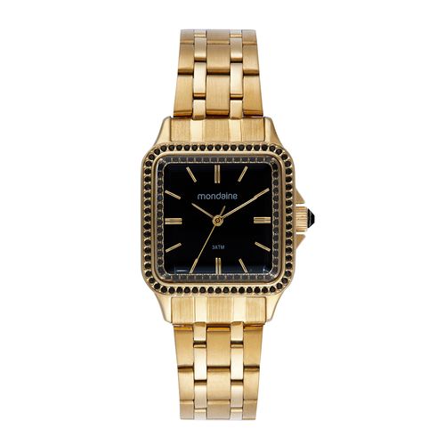 Relógio Feminino Quadrado Vidro Facetado Cristais Dourado