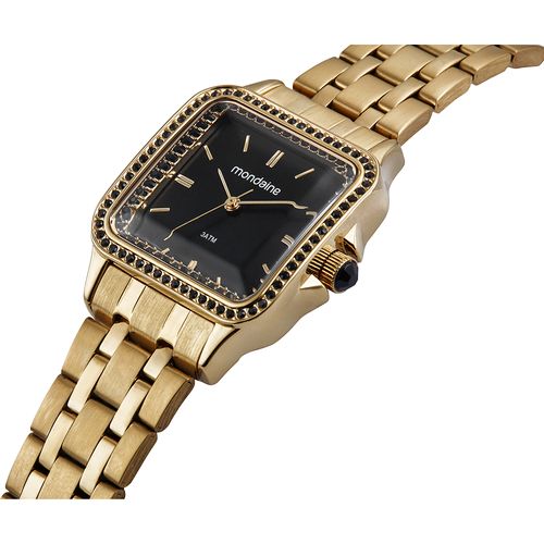 Relógio Feminino Quadrado Vidro Facetado Cristais Dourado