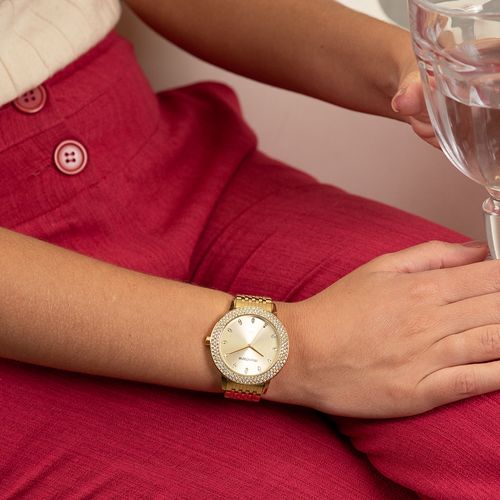 Relógio Feminino Cristais Baguete Dourado