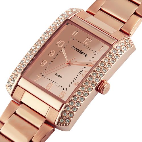 Relógio Feminino Quadrado Cristais Incrustados Rosé