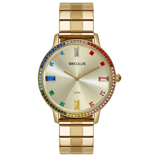 Relógio Feminino Cristais Coloridos Dourado
