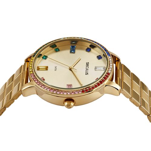 Relógio Feminino Cristais Coloridos Dourado