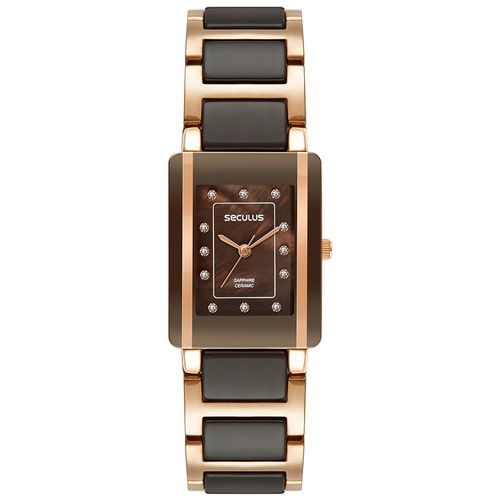 Relógio Feminino Quadrado Cerâmica Marrom e Rosé