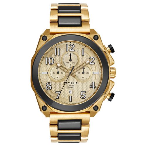 Relógio Masculino Cronógrafo Aço e Cerâmica Preto e Dourado