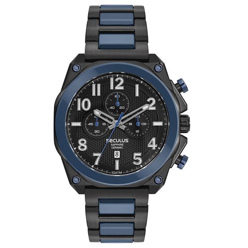 Relógio Masculino Cronógrafo Aço e Cerâmica Azul e Preto