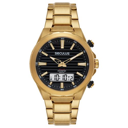 Relógio Masculino Anadigi Solar Aço Dourado