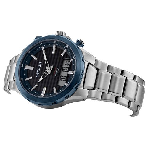 Relógio Masculino Anadigi Solar Aço Prata e Azul
