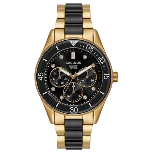 Relógio Feminino Multifunção Cerâmica Preto e Dourado