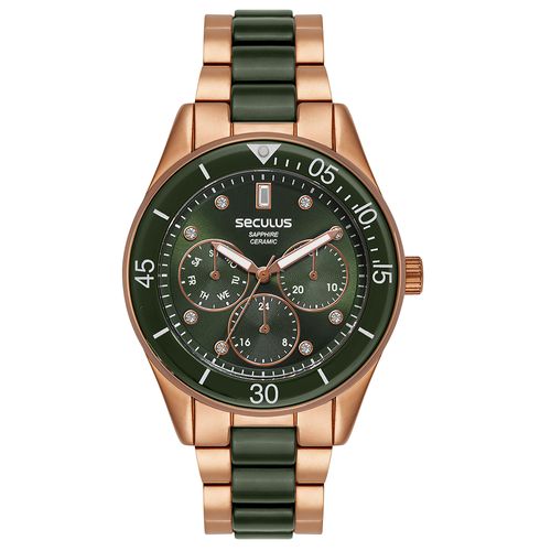 Relógio Feminino Multifunção Cerâmica Verde e Rosé