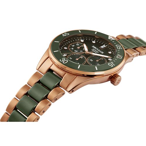 Relógio Feminino Multifunção Cerâmica Verde e Rosé