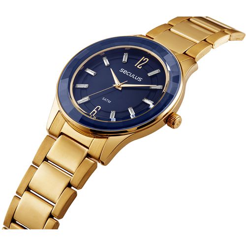 Relógio Feminino Vidro Facetado Cristais Azul e Dourado