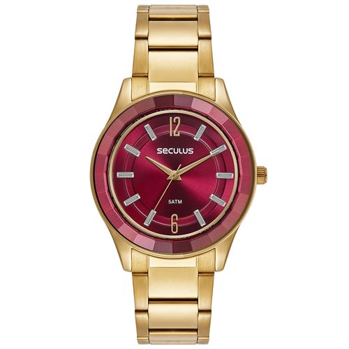 Relógio Feminino Vidro Facetado Cristais Vermelho e Dourado