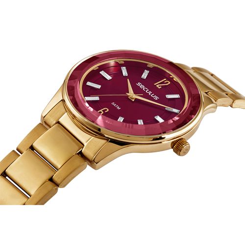 Relógio Feminino Vidro Facetado Cristais Vermelho e Dourado