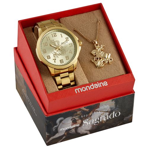 Kit Relógio Masculino Dourado São Jorge