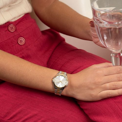 Relógio Feminino Cristais e Coração Bicolor Com Porta-Joia Com Espelho