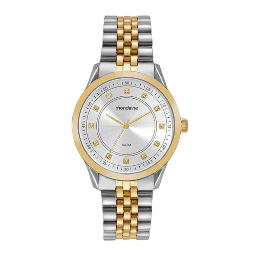 Relógio Feminino Cristais Mostrador Metálico Prata e Dourado
