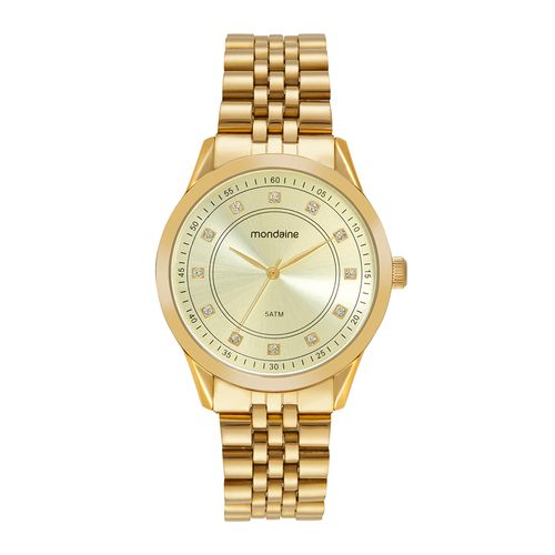 Relógio Feminino Cristais Mostrador Metálico Dourado