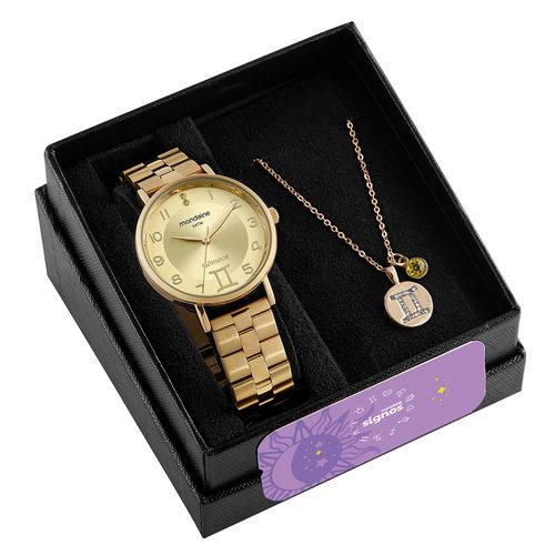 Kit Relógio Dourado Signo Gêmeos