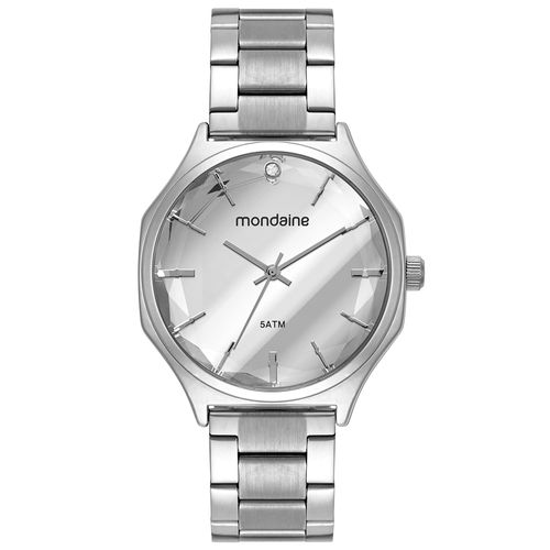 Relógio Feminino Espelhado Vidro Facetado Prata<br>