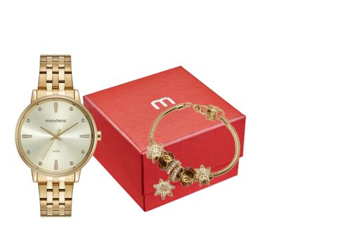 Kit Relógio Feminino Cristais Dourado Com Pulseira de Berloques
