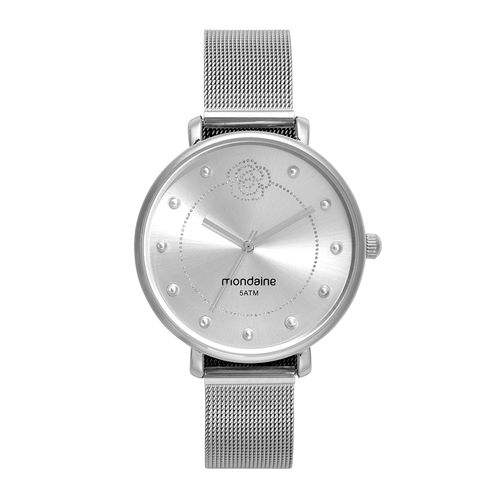 Kit Relógio Feminino Malha de Aço Prata com Pulseira Flor