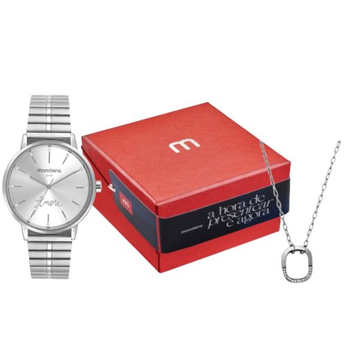 Kit Relógio Feminino Cristais Prata Com Colar