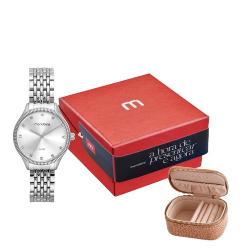 Kit Relógio Feminino Cristais Prata com Porta Jóias