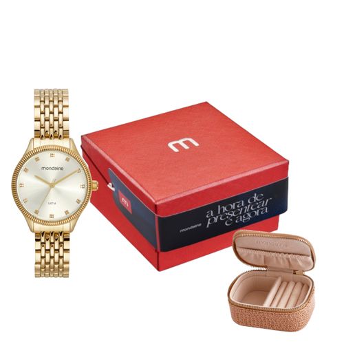 Kit Relógio Feminino Cristais Dourado com Porta Jóias