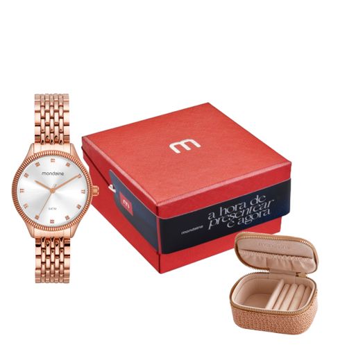Kit Relógio Feminino Cristais Rosé com Porta Jóias