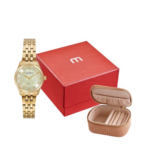 Kit Relógio Feminino Madrepérola Dourado Com Porta-Joias