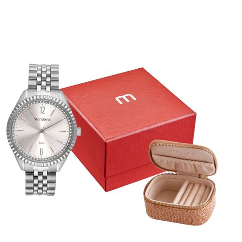 Kit Relógio Feminino Cristais Prata Com Porta-Joias