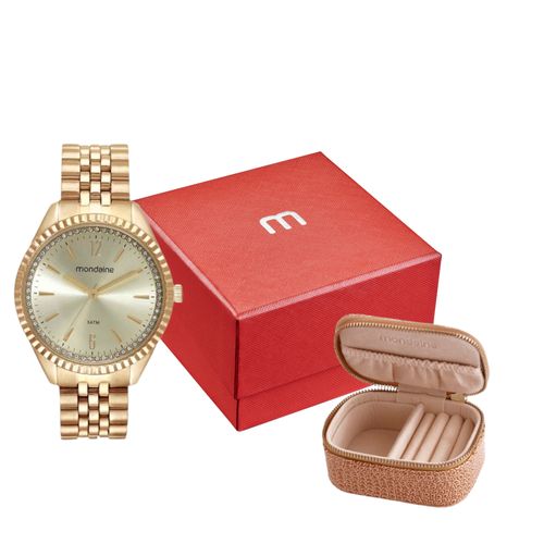 Kit Relógio Feminino Cristais Dourado Com Porta-Joias