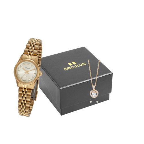 Kit Relógio Feminino Cristais Dourado Com Semijoias