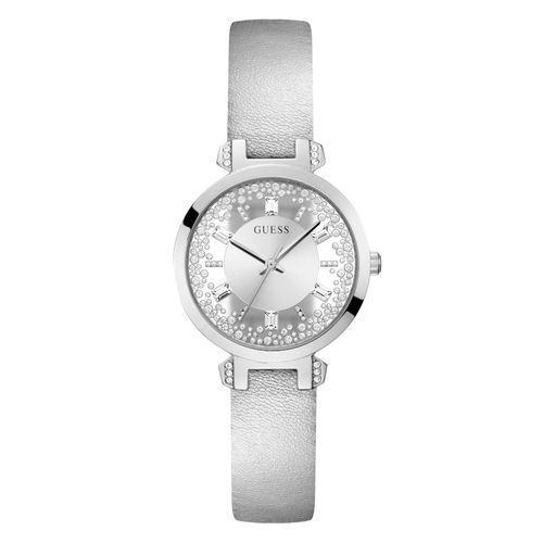 Relógio Guess Feminino Cristais Couro Prata