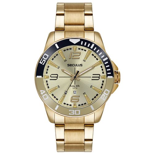 Relógio Masculino Aço Catraca Bicolor E Calendário Dourado
