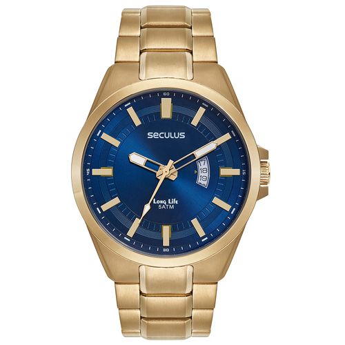 Relógio Masculino Aço Casual Dourado Mostrador Azul