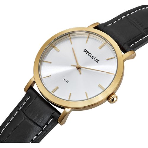 Relógio Masculino Semi Slim Couro Dourado