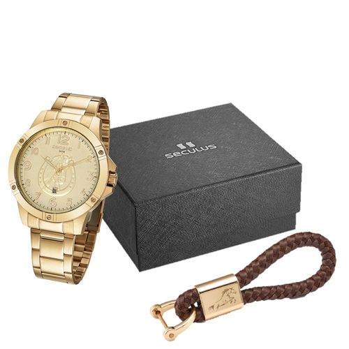 Kit Relógio Masculino Country Dourado