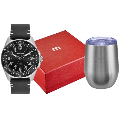 Kit Relógio Masculino Casual Prata Com Copo Térmico