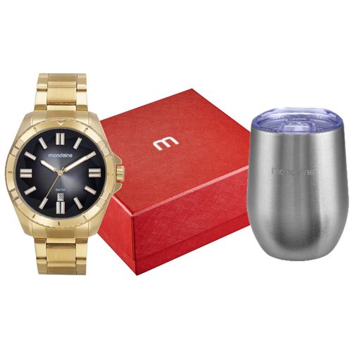 Kit Relógio Masculino Clássico Dourado Com Copo Térmico