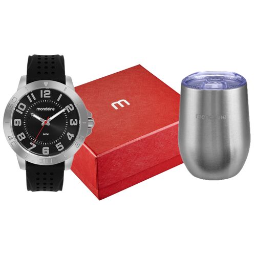 Kit Relógio Masculino Silicone Prata Com Copo Térmico
