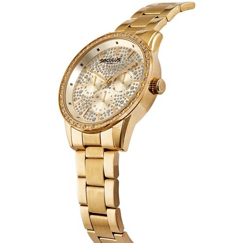 Relógio Feminino Multifunção Cristais Dourado