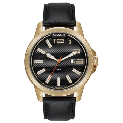 Relógio Masculino Aro 3D Couro Dourado