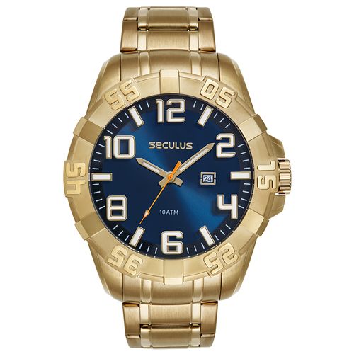 Relógio Masculino Robusto Aço Aro 3D Dourado