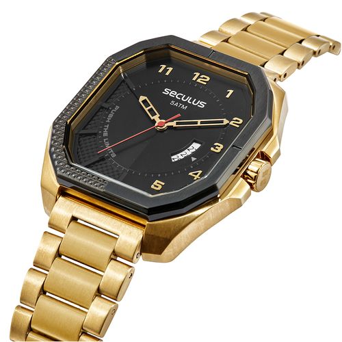 Relógio Masculino Hexagonal Aço Dourado