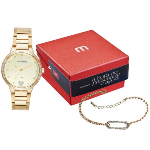 Kit Relógio Feminino Cristais Dourado Com Pulseira