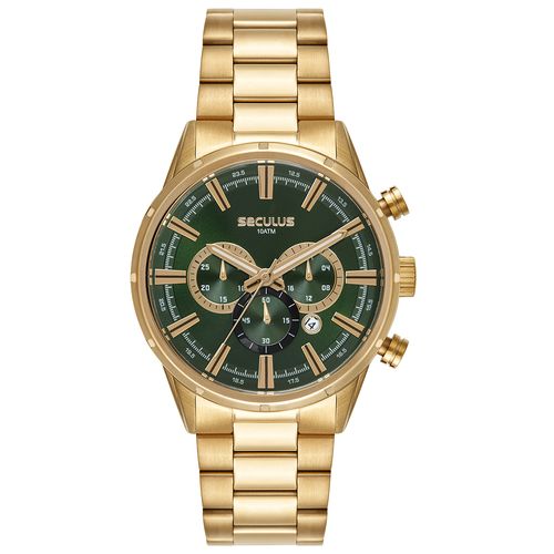Relógio Masculino Seculus Dourado Cronógrafo Mostrador Verde