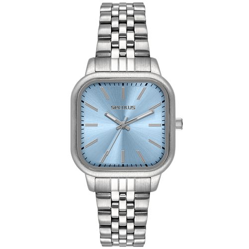 Relógio Feminino Seculus Quadrado Prata Mostrador Azul