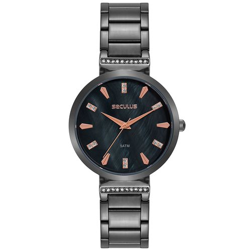 Relógio Feminino Seculus Preto com Cristais Madrepérola