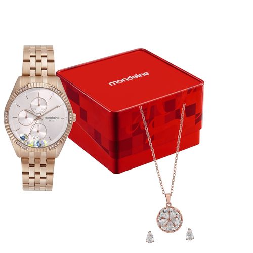 Kit Relgio Feminino Mondaine Rose gold Cristais com Colar